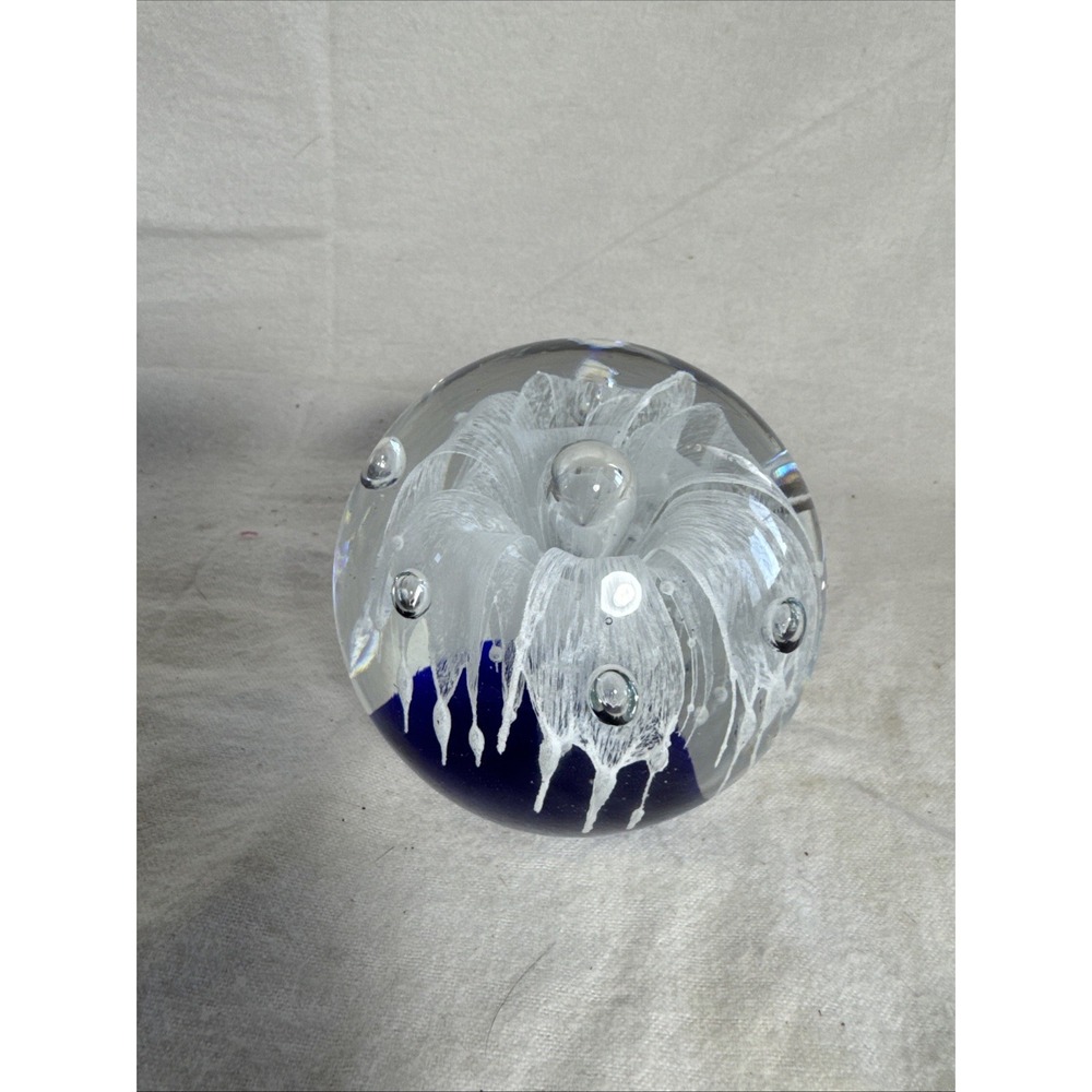 Cobalt Blue White Flower Clear Glass Paperweight Bullicante 3 1/2" Diameter